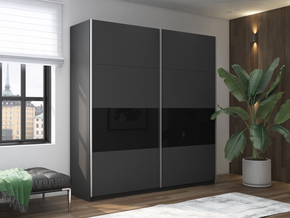 Шкаф-купе Широкий Прайм 2дв. ДСП/Стекло черное/доводчики, 220х57х230, Серый диамант стекло черное
