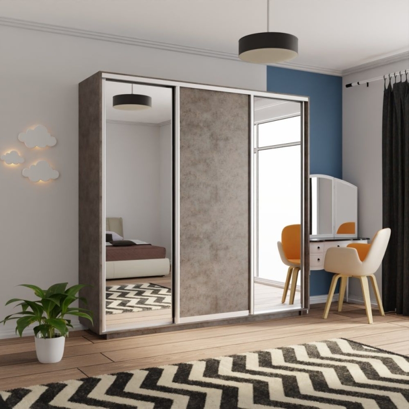 Шкаф-купе Экспресс 3дв. Зеркало/ДСП/Зеркало, 210х45х240, Бетон