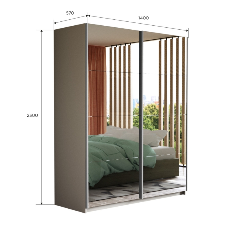 Шкаф-купе Прайм, 2дв.-Зеркало/доводчики, 140х57х230, Белый снег
