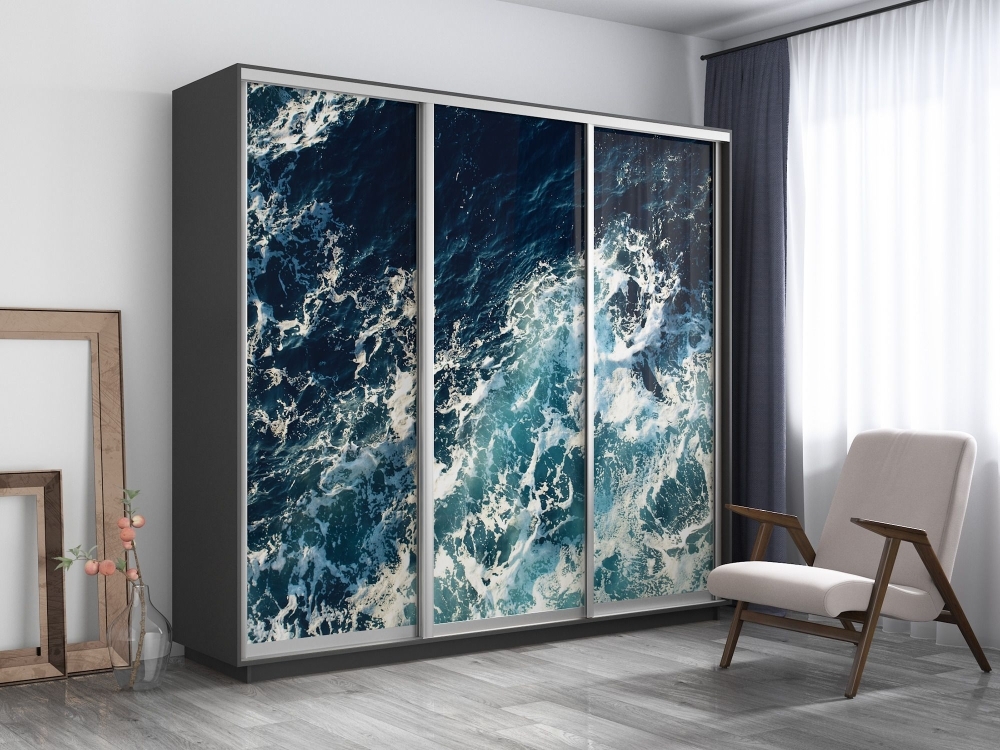 Шкаф-купе Фотопечать 3дв. Морские волны, 180х60х220, Серый диамант