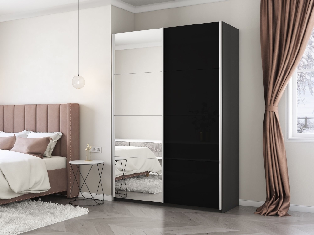 Шкаф-купе Прайм, 2дв. Зеркало/Стекло черное/доводчики, 140х57х230, Серый диамант