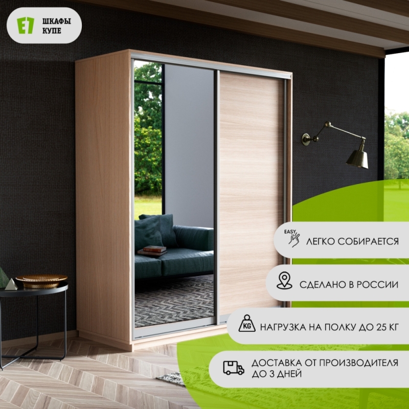 Шкаф-купе Экспресс, 2дв. ДСП/Зеркало, 120х60х220, Ясень Шимо светлый