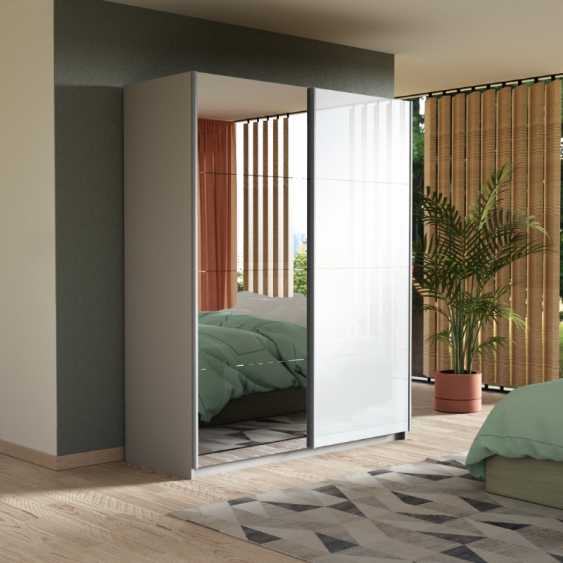 Шкаф-купе Прайм, 2дв. Зеркало/Белый Глянец/доводчики, 140х57х230, Белый снег