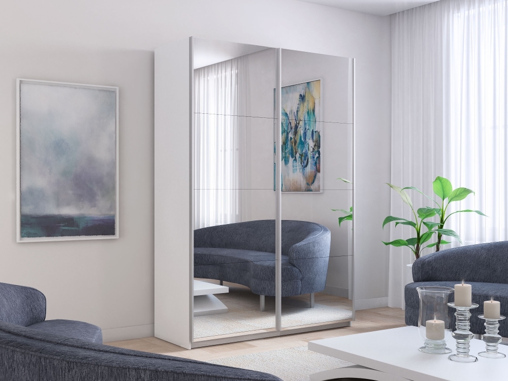 Шкаф-купе Прайм, 2дв.-Зеркало/доводчики, 140х57х230, Белый снег