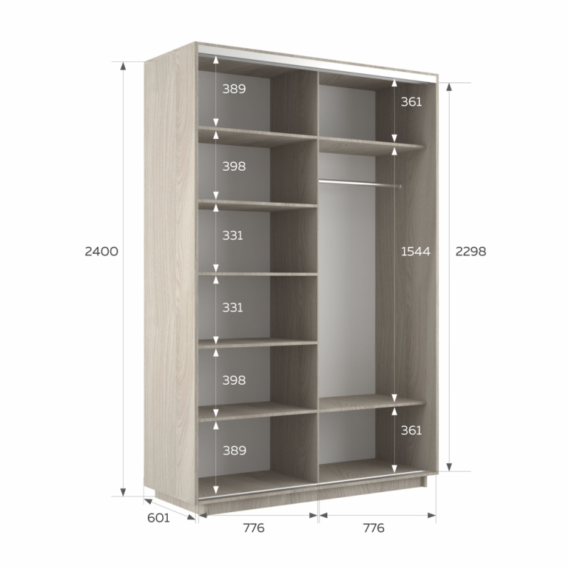 Шкаф-купе Экспресс, 2дв.-Зеркала, 160х60х240, Ясень шимо светлый