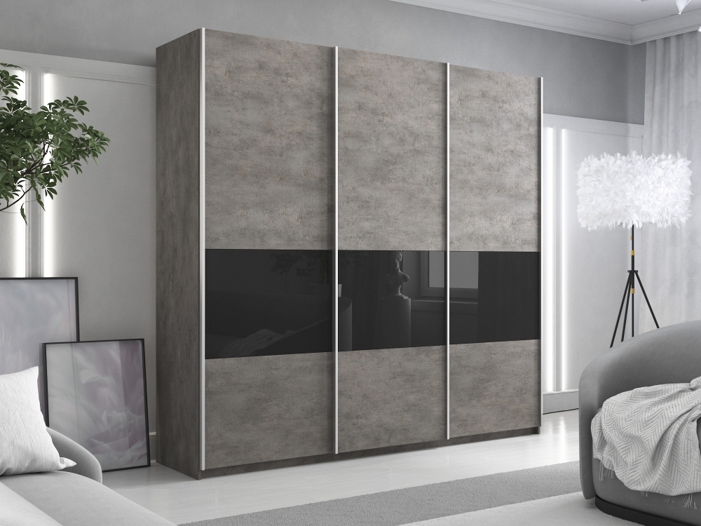 Шкаф-купе Широкий Прайм 3дв. ДСП/Стекло черное/доводчики, 240х57х230, бетон стекло черное