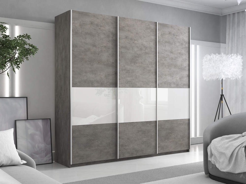 Шкаф-купе Широкий Прайм 3дв. ДСП/Стекло белое/доводчики, 240х57х230, бетон стекло белое