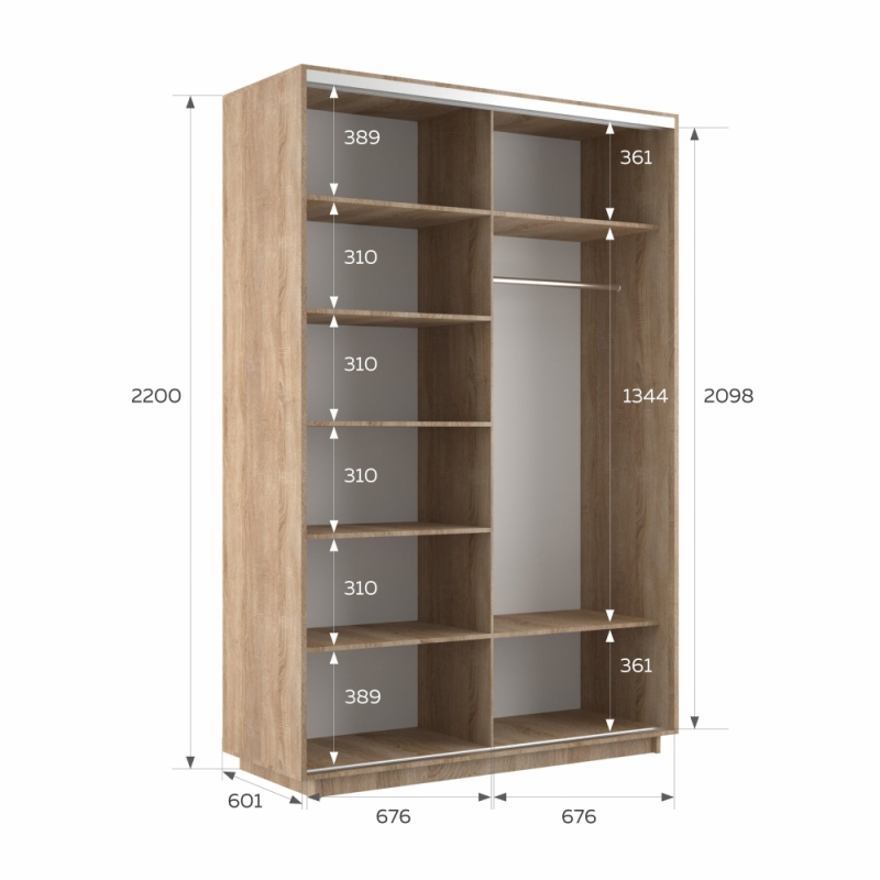 Шкаф-купе Экспресс, 2дв.-Зеркала, 140х60х220, Сонома