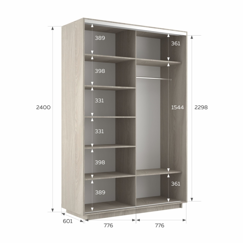 Шкаф-купе Экспресс, 2дв. ДСП/Зеркало, 160х60х240, Ясень Шимо светлый