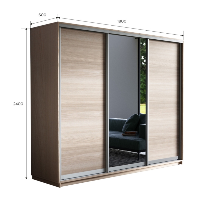 Шкаф-купе Экспресс 3дв. ДСП/Зеркало/ДСП, 180х60х240, Ясень шимо светлый