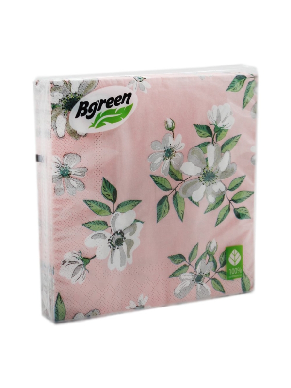 Салфетки бумажные , "Жасмин розовый фон" Bulgaree Green,  33*33 см, 3 слоя, 20 шт.